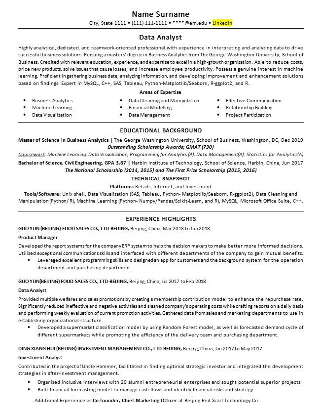 sample resume for a data analyst