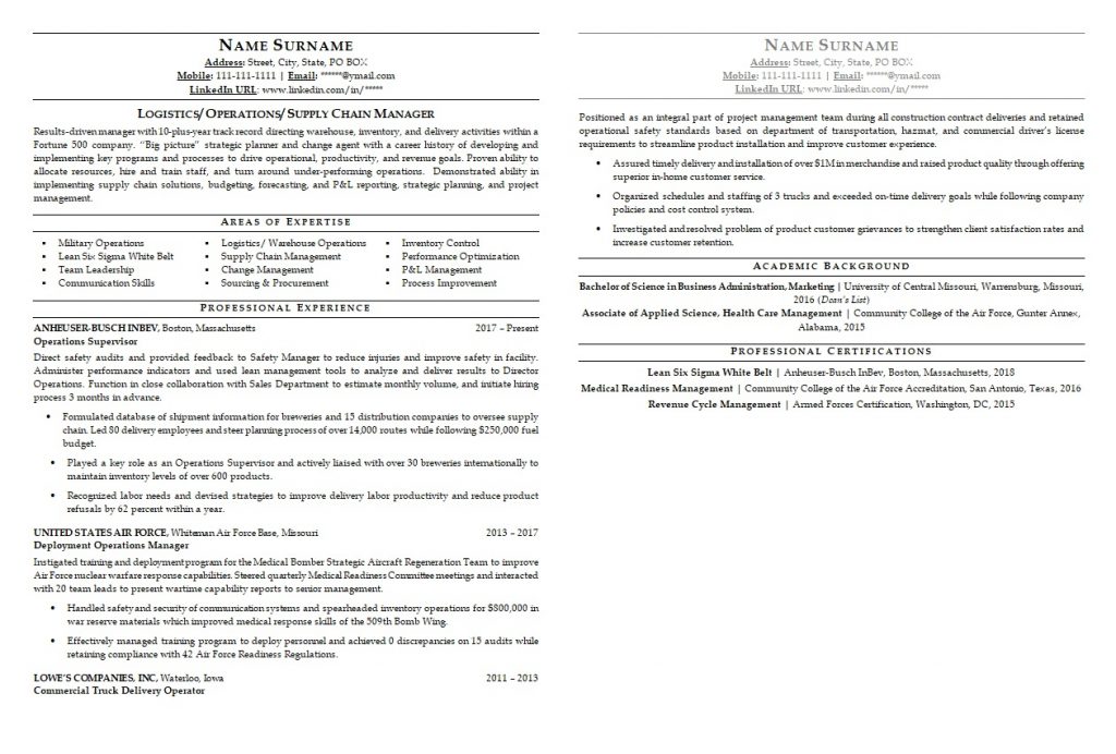 logistics resume sample