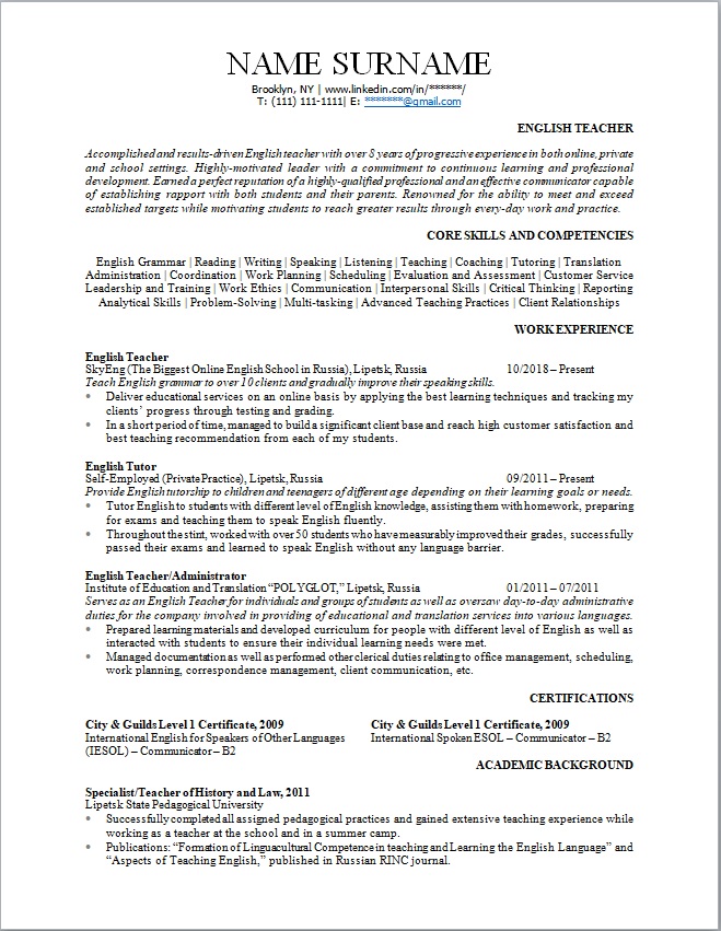 resume teacher